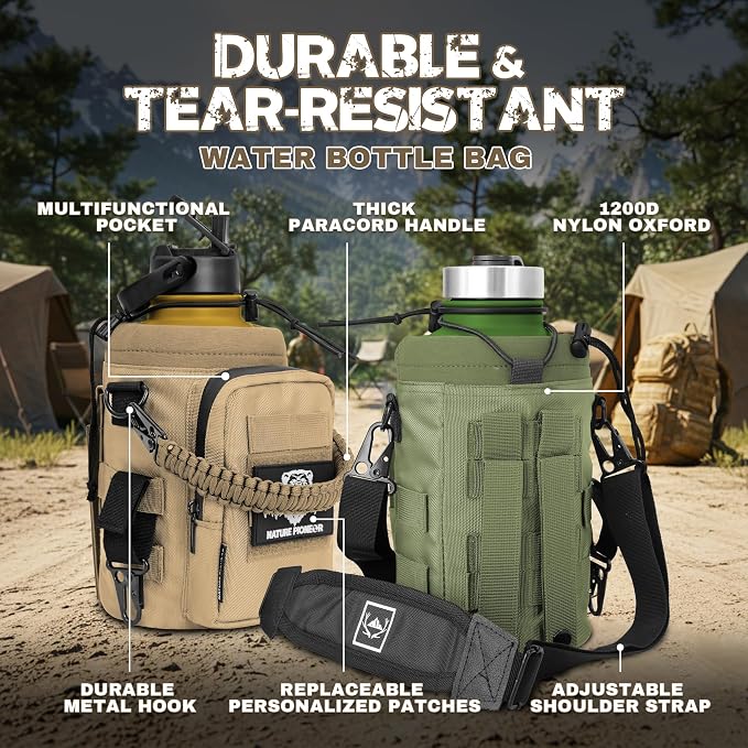 NATURE PIONEOR 64 oz Tactical Water Bottle with MOLLE Bottle Pouch & 3 Lids | 18/8 Food-grade Stainless Steel, Double Vacuum Insulation, 3 Leak-proof Lids, Handle, Strap, Camping, Hiking, Gym, Work