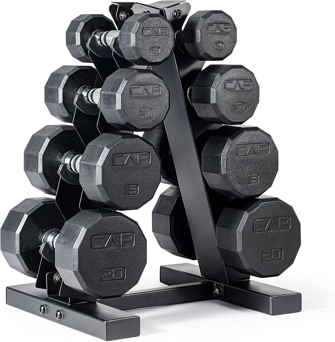 CAP Rubber Coated Hex Dumbbell Set with Storage Rack | 100–210 lb Options, Space-Saving Vertical Compact Storage for Home Gym Strength Training