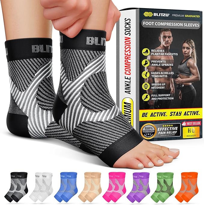 BLITZU Compression Socks for Plantar Fasciitis, Foot, Arch & Ankle Support | Open Toe Ankle Brace, Women & Men, Stabilizing Sleeve Wrap, Achilles Tendonitis, Neuropathy, Arthritis, Swelling & Heel Pain