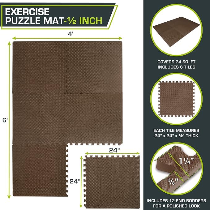 ProsourceFit Exercise Puzzle Mat 1/2-inch, EVA Interlocking Foam Floor Tiles for Home Gym, Workout Equipment, Kids Play Areas, Brown, 24 Sq Ft - 6 Tiles