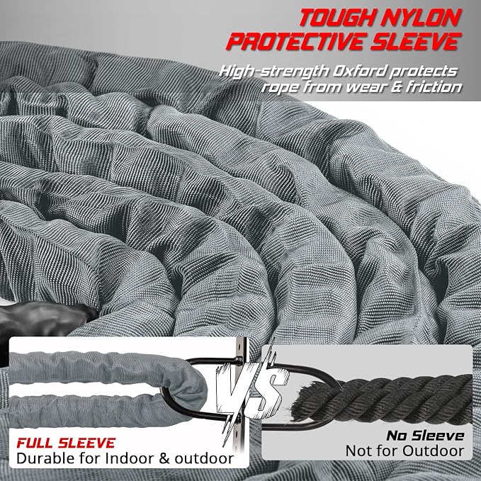 Battle Rope for Home Gym Workout - 1.5 Inch 30ft Heavy Weighted Training Exercise Ropes Fitness Equipment with Sleeve and Anchor Strap Kit for Outdoor Working Out - Gray