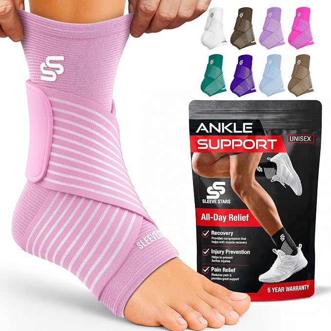 Sleeve Stars Ankle Brace for Women & Men, Ankle Wrap for Sprained Ankle, Compression Sleeve for Plantar Fasciitis Relief, Easy Customizable Support: w/Removable Strap (Single/S:9"-10"/Baby Pink)