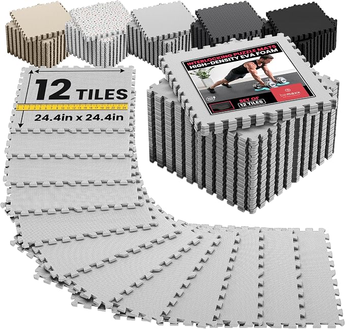 bemaxx Gym Mats Set - 12 pcs EVA Interlocking Foam Floor Tiles (24.4"x24.4"x0.4") 48 sqft Protective Gym Flooring Sports Home Workout Exercise Mats Puzzle Garage Fitness Play-Room Pool Treadmill Bike