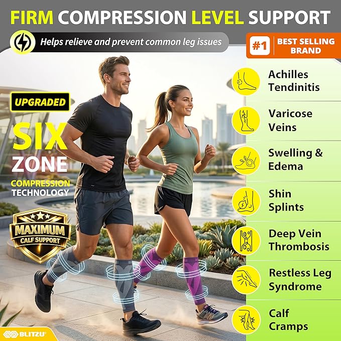 BLITZU Calf Compression Sleeves, Footless Compression Socks for Men & Women | Leg Support Brace, Shin Splint Pain Relief, Reduce Varicose Vein Swelling, Muscle Recovery, Running, Nursing, Fitness, Travel