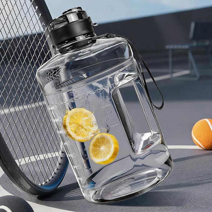 Large Water Bottle with Motivational Time Marker & Straw & Handle,2 Lids | BPA Free,Gallon Water Jug, Half Gallon water Bottle for Sport Gym Camping Workout Outdoors Yoga (Clear)