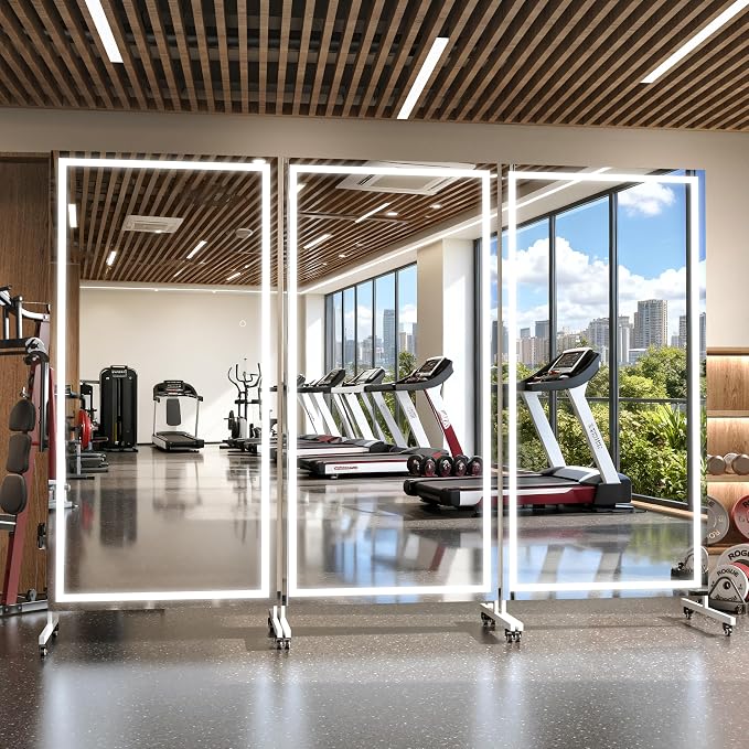 Hasipu 67" x 40" LED Full Length Mirror on Wheels, 360° Swivel, White | 3-color dimmable brightness, tempered glass & metal frame, lockable wheels, sturdy stand, for gym, yoga, studio & bedroom.