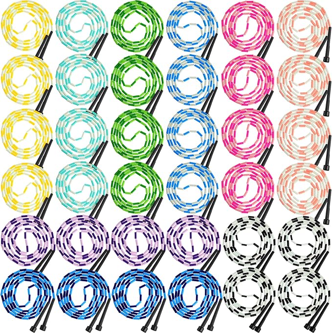 Junkin 36 Pack Jump Ropes for Kids Adults, Adjustable Length Free Segmented Skipping Rope Bulk for Toys, Soft Beaded Jumping Ropes for Women Men Fitness Exercise Training Workout Weight Loss, 9 Colors