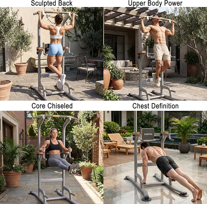 Multi-Function Power Tower Pull Up Bar Station with Pilates Resistance Bands, 450LBS Stable Pull Up Dip Station with Push Up Handles for Home Gym Strength Training Equipment