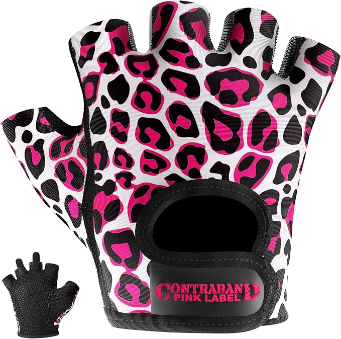 Contraband Pink Label 5297 Womens Design Series Leopard Print Lifting & Rowing Gloves (Pair) - Lightweight Vegan Medium Padded Microfiber Amara Leather w/Griplock Silicone
