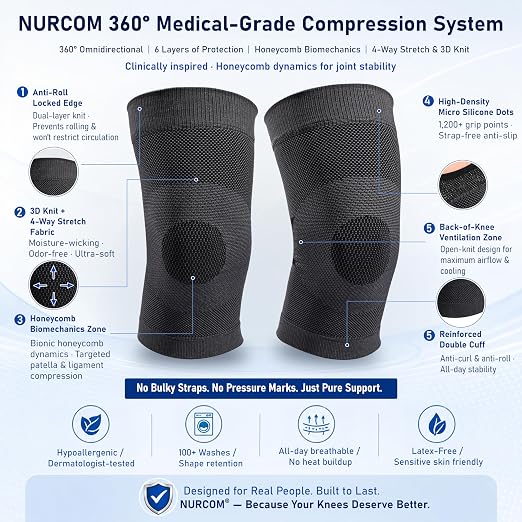 NURCOM Knee Brace, 8-Zone Compression Sleeve, Black M | For Meniscus Tear, Arthritis, Acl, Mcl, Tendonitis & Joint Pain Relief, Running, Workouts, Recovery, Pair Pack, Men & Women