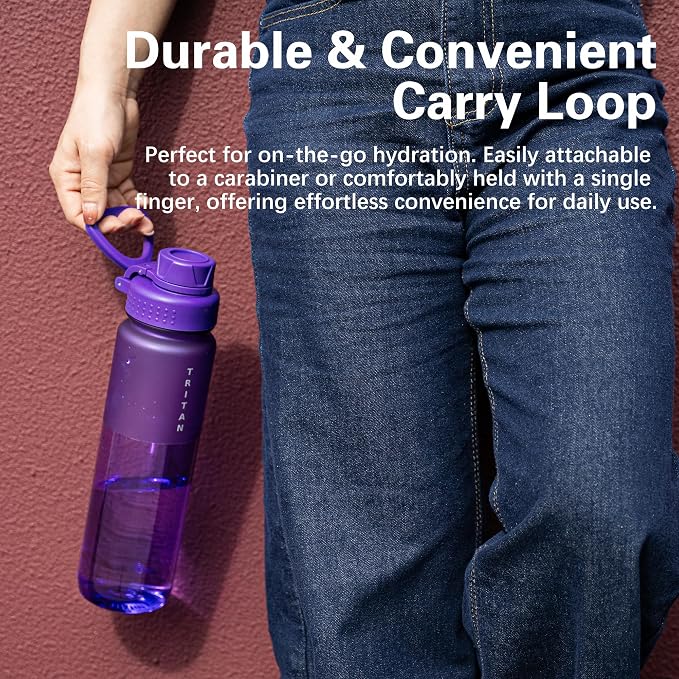 OLDLEY 32 oz Water Bottle with Handle, BPA-Free Tritan Reusable Sports Water Bottle with Leak-Proof Dust Lid, Wide Mouth, Cup Holder Friendly, Half Frosted Clear Bottle for Gym, Travel, Work,Purple