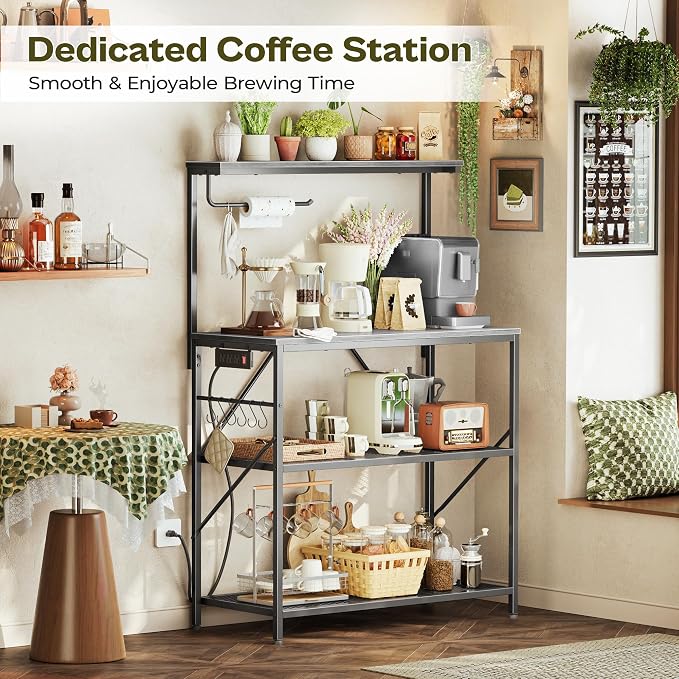 Huuger 4-Tier Bakers Rack with Reversible Power Outlet, 31.5 Inch Microwave Stand, Kitchen Coffee Bar, with Top Shelf, 6 S Hooks, Grey