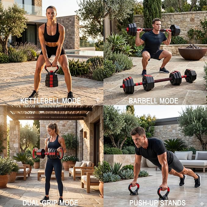 6-in-1 Adjustable Dumbbell & Barbell Weight Set, 45LB Octagon Anti-Roll Iron Sand & Cement Composite Weights, All-in-One Home Gym Equipment with Kettlebell, Push-up Stands & Gloves