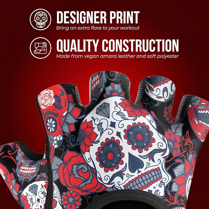 Contraband Pink Label 5237 Womens Designer Workout Gloves | Sugar Skull Print w/Grip-Lock™ Padding (Red, Medium)