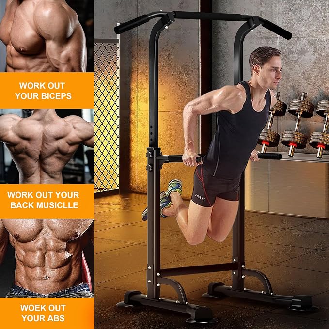 DlandHome Power Tower Pull Up Bar Dip Station,Adjustable Height Dip Stand | Multi-Function Fitness Equipment for Strength Training Home Gym,Stable Steel Frame for Pull Ups Dips Push Ups,Supports 330LBS