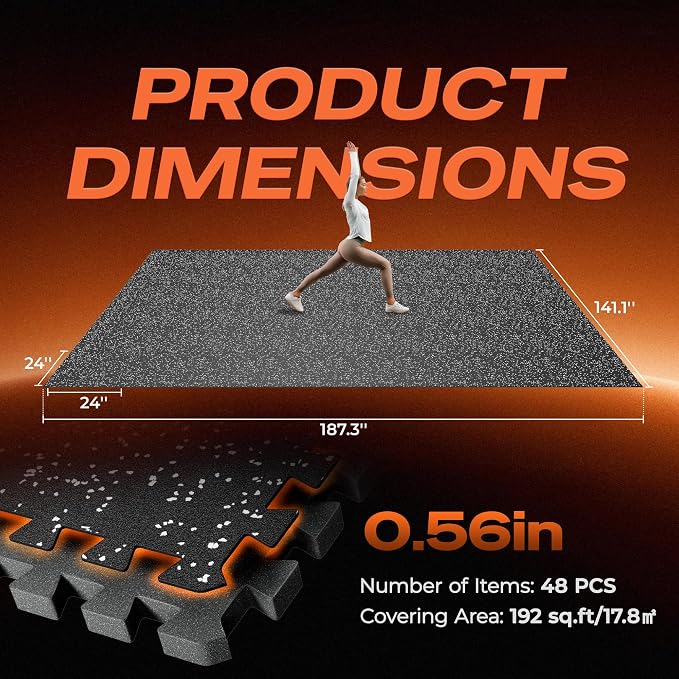 SUPERJARE 0.56'' Thick 48 Pcs 192 Sq Ft Rubber Top Exercise Equipment Mats, High Density EVA Foam Mats with Rubber Top, Interlocking Gym Flooring for Home Gym, Protective Workout Mat, Black/Grey
