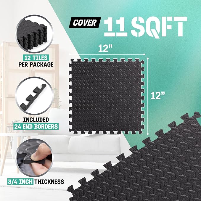 Yes4All EVA Interlocking Mats, Puzzle Floor Tiles, Foam Floor Padding with Border for Furniture, Home Space, Living Room, Garage 11 SQFT