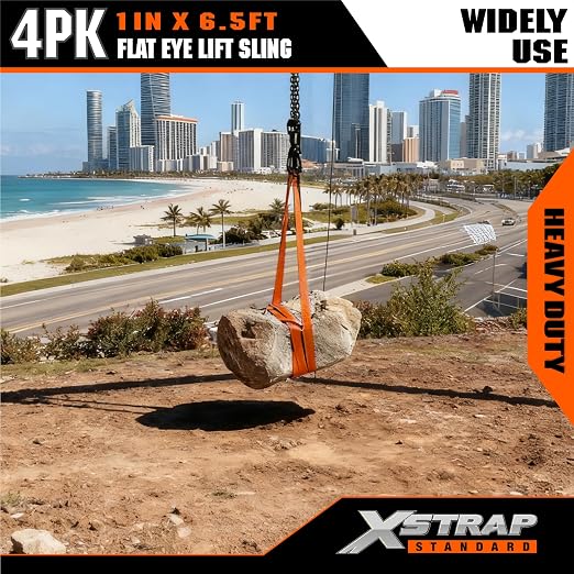 XSTRAP STANDARD 4PK 1"x6.5ft Lifting Sling Straps 2000 lb Vertical Capacity | 1600 lbs Choker / 4000 lbs Basket Capacity, 5:1 Safety Factor Polyester Web Slings for Rigging, Hoist, Tree Stump Removal
