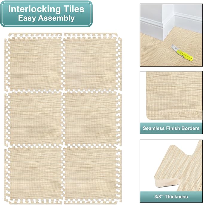 Sorbus Wood Grain Floor Tiles Foam Mat EVA Interlocking Mats Tile 3/8-Inch Thick Flooring Wood Puzzle Exercise Mats w/Borders - Home Playroom Basement, Apartment, Trade Show, Baby, Dance