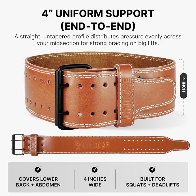 DMoose Fitness Weight Lifting Belt for Lower Back Support - 5mm Thick Genuine Leather Gym Belt for Squats, Deadlifts & Powerlifting - Double Prong Buckle with 10 Holes Adjustability for Men & Women