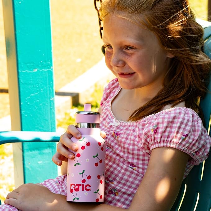RTIC Little Journey Water Bottle with Straw, Ceramic-Lined, Insulated, Stainless Steel, Metal, Double Wall Vacuum-Insulation, Leak-Proof Lid, BPA-Free Water Flask for Sports, Travel, Sweet Cherries