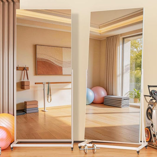 77" x 26" Full Length Rolling Mirror on Wheels, 360° Rotation | Tempered glass & metal frame, lockable rolling casters, sturdy stand, ideal for bedroom, dance studio & home gym.