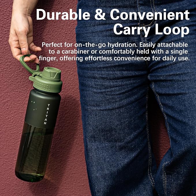 OLDLEY 32oz Water Bottle with Handle, BPA-Free Tritan Reusable Sports Water Bottle with Leak-Proof Dust Lid, Wide Mouth, Cup Holder Friendly, Half Frosted Clear Bottle for Gym,Travel,Work,Olive Green