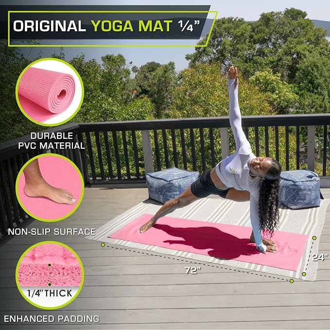 ProsourceFit Original Yoga Exercise Mat 1/4” (6mm) Thick for Comfort and Stability with Carrying Straps, Non Slip –Multiple Colors