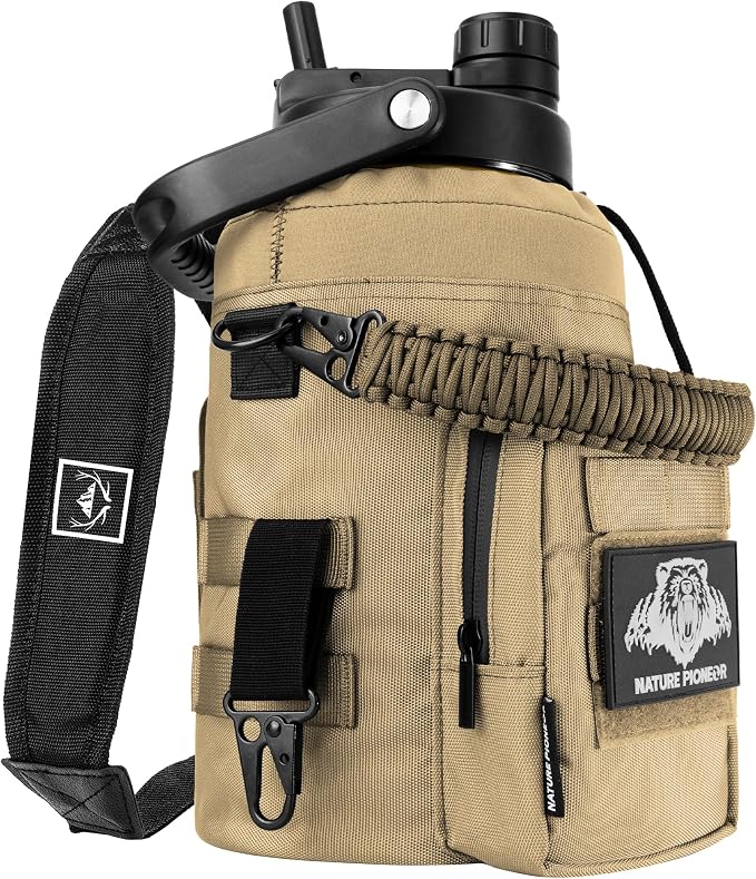 NATURE PIONEOR 128oz/1 Gallon Tactical Water Bottle with MOLLE Bottle Pouch | 18/8 Food-grade Stainless Steel, Double Vacuum Insulation, Wide-Mouth, Straw & Spout Lid, Strap, Camping, Hiking, Gym, Work