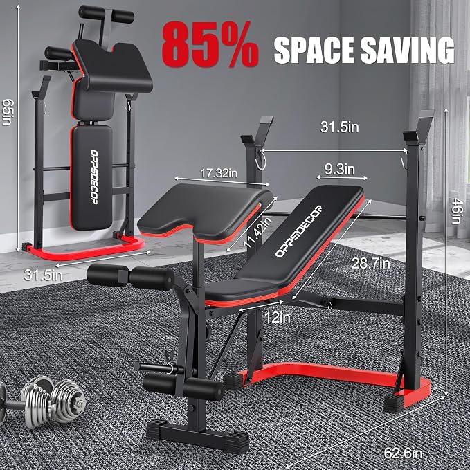 OPPSDECOR Foldable Weight Bench Set with Squat Rack and Preacher Curl Pad | Preacher Curl Bench, Leg Extension and Curl, 660lb Capacit Incline Decline Flat, Foldable Home Gym, For Women Teens Beginners