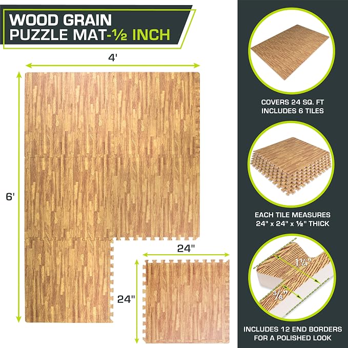 ProsourceFit Wood Grain Puzzle Mat ½-inch, 6 EVA Foam Interlocking Floor Tiles (24 SQ FT) for Secure Indoor Gym Flooring, Office Spaces, Living Rooms, and Play Areas, Light Oak