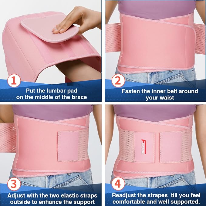 FEATOL Back Brace for Lower Back Pain, Breathable Back Support Belt for Women & Men with Lumbar Pad, Lumbar Support Belt for Heavy Lifting & Work, Pink, 4XL (Circumference:63-68")