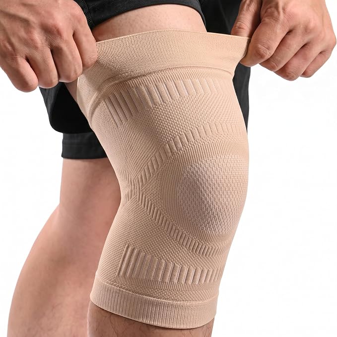 MGANG Knee Compression Sleeve, Knee Brace for Knee Pain Women Men, Non-Slip Compression Knee Brace for Arthritis Meniscus Tear Running Weightlifting, Breathable Knee Support Brace, Beige X-Large