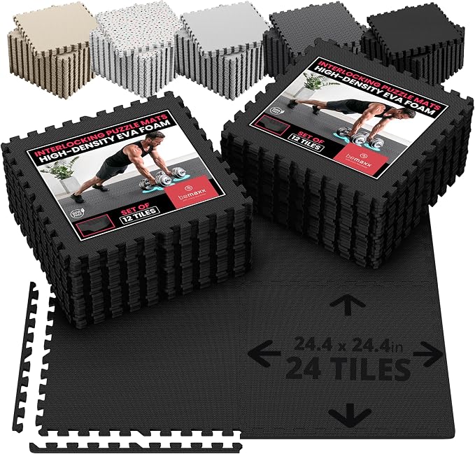 bemaxx Gym Mats Set - 24 pcs EVA Interlocking Foam Floor Tiles (24.4"x24.4"x0.4") 96 sqft Protective Gym Flooring Sports Home Workout Exercise Mats Puzzle Garage Fitness Play-Room Pool Treadmill Bike
