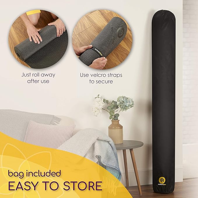 ActiveGear Large Yoga Mat, 6'x4'x8mm Extra Thick Non-Slip - Black | 8mm high-density padding for barefoot comfort. Non-slip on any floor. Includes carry bag, straps and microfiber towel.
