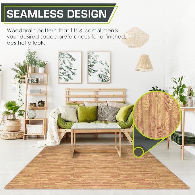 ProsourceFit Wood Grain Puzzle Mat ½-inch, 6 EVA Foam Interlocking Floor Tiles (24 SQ FT) for Secure Indoor Gym Flooring, Office Spaces, Living Rooms, and Play Areas, Light Oak