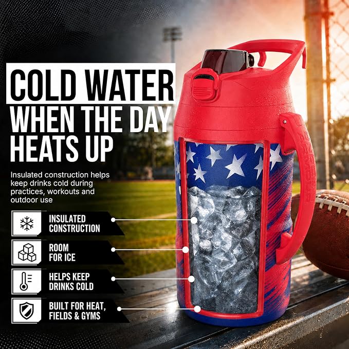Under Armour Insulated Water Bottle with Handle & Fence Hook, Half Gallon Sports Water Jug, Leak-Resistant & BPA-Free for Baseball, Football & Gym - Red Americana, 64oz