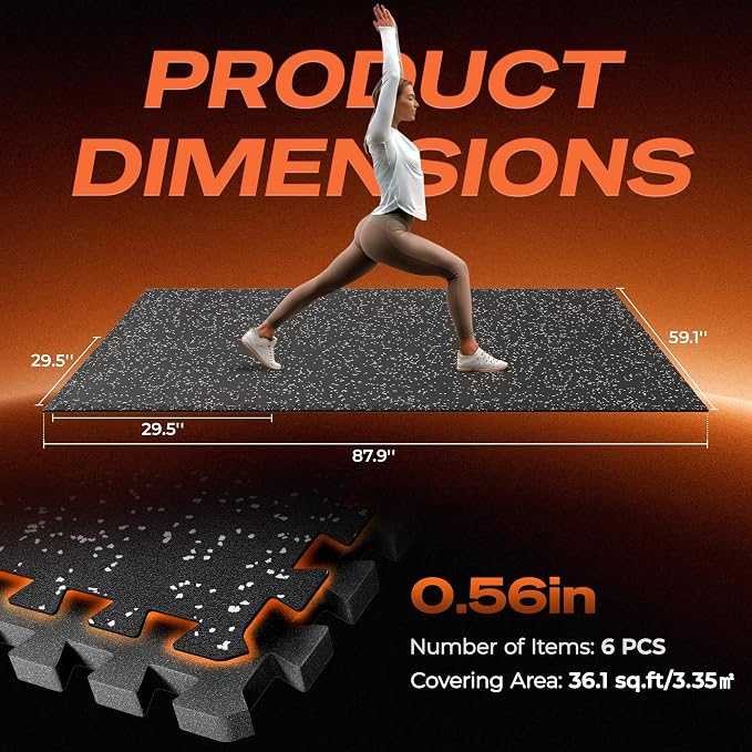 SUPERJARE 30" x 30" Larger Rubber Top Exercise Equipment Mats, 0.56" Thick 6PCS 37.5 Sq Ft High-Density EVA Foam Interlocking Gym Flooring, Big Workout Mat for Home Gym, Floor Protection, Black/Grey