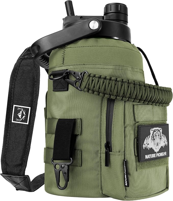 NATURE PIONEOR 128oz/1 Gallon Tactical Water Bottle with MOLLE Bottle Pouch | 18/8 Food-grade Stainless Steel, Double Vacuum Insulation, Wide-Mouth, Straw & Spout Lid, Strap, Camping, Hiking, Gym, Work