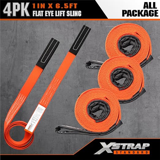 XSTRAP STANDARD 4PK 1"x6.5ft Lifting Sling Straps 2000 lb Vertical Capacity | 1600 lbs Choker / 4000 lbs Basket Capacity, 5:1 Safety Factor Polyester Web Slings for Rigging, Hoist, Tree Stump Removal