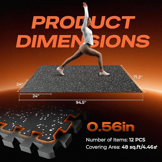 SUPERJARE 0.56'' Thick 12 Pcs 48 Sq Ft Rubber Top Exercise Equipment Mats, High Density EVA Foam Mats with Rubber Top, Interlocking Gym Flooring for Home Gym, Protective Workout Mat, Black/Grey
