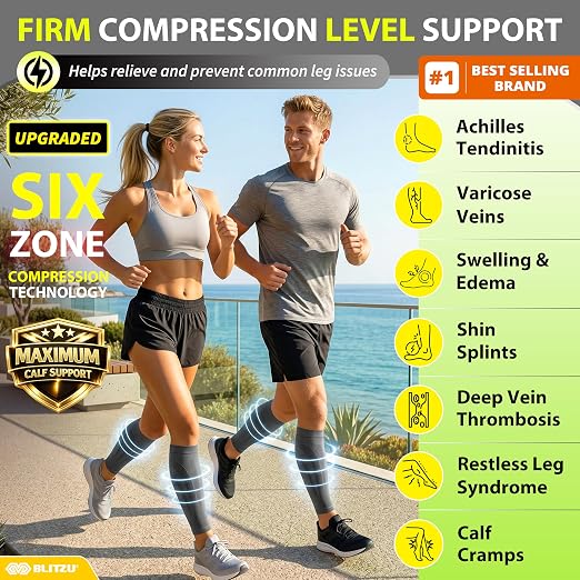 BLITZU Calf Compression Sleeves, 3 Pairs, Shin Splint Relief Running Socks | Footless Compression Socks for Men and Women, Leg & Muscle Support, Reduce Swelling, Pain, Fast Recovery for Travel, Fitness