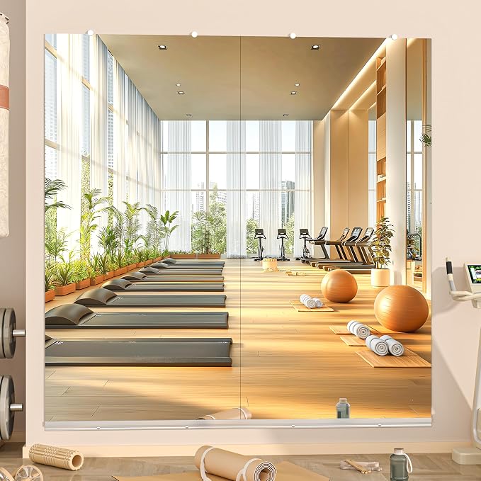 Hasipu Home Gym Mirror, 79"x36" Each, 2-Pack Frameless Wall Mounted Mirrors with Glass Clamps & 1 Aluminum Rail, Large Body Mirror for Home Gym, Yoga Studio, Bedroom, Silver Tempered Glass