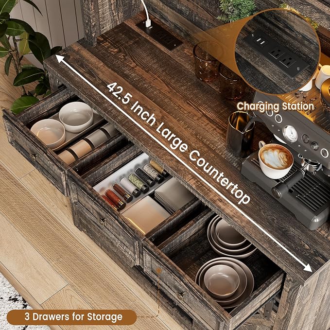 GarveeHome 72" Farmhouse Coffee Bar Cabinet with LED Lights & Power Outlets | Tall Kitchen Buffet Hutch with 3 Drawers & Wine Glass Rack, Sliding Barn Door, Ample Storage for Home Bar, Dark Oak