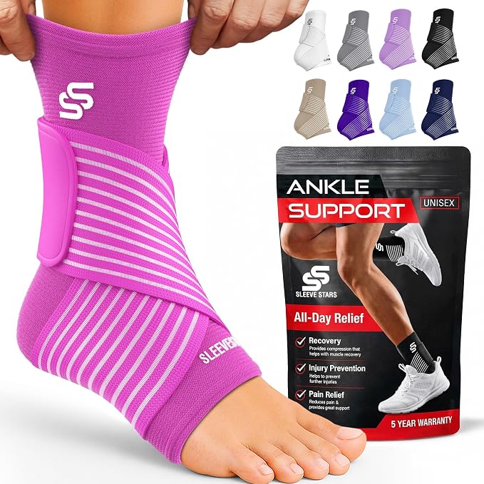 Sleeve Stars Ankle Brace for Women & Men, Ankle Wrap for Sprain, Compression Sleeve for Plantar Fasciitis Relief, Easy Customizable Support: w/ Removable Strap (Single/M:10"-12"/Hot Pink)