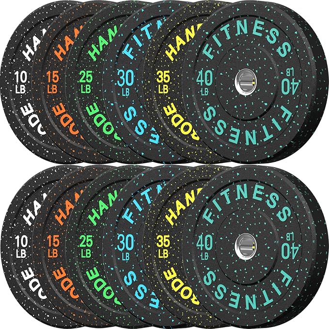 HANDBODE 2-Inch High-Bounce Bumper Plates, Olympic Weight Set, 10-650 lb | Barbell Weight Plates Set for Home Gym, Colored Weights Rubber Strength Training Plate for Weight Lifting