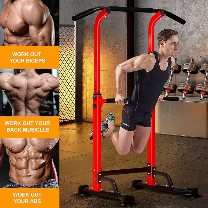 DlandHome Power Tower Pull Up Bar Dip Station,Adjustable Height Dip Stand | Multi-Function Fitness Equipment for Strength Training Home Gym,Stable Steel Frame for Pull Ups Dips Push Ups,Supports 330LBS