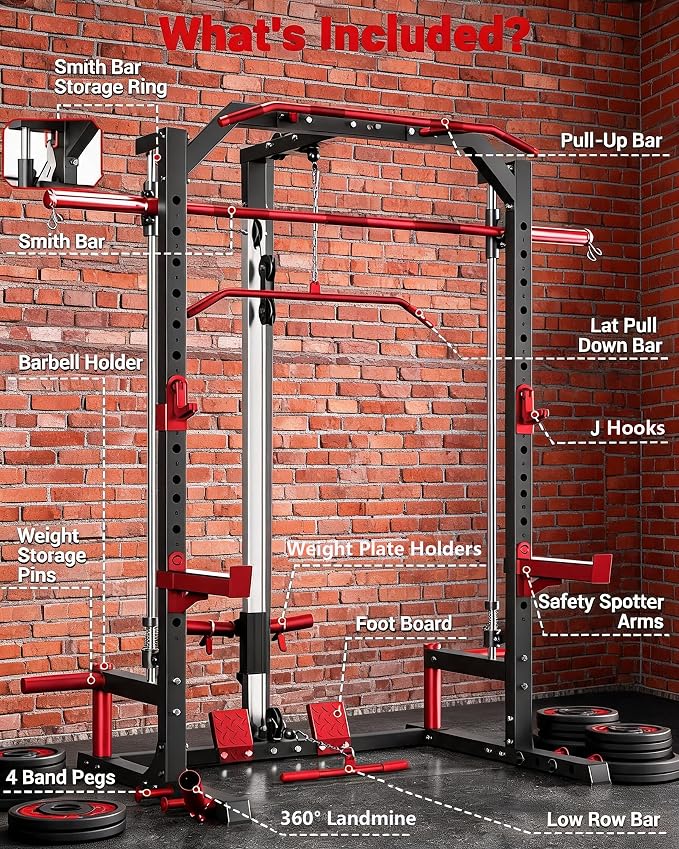 Garvee Smith Machine Home Gym - Multi-Functional Squat Power Rack with Barbell Bar, Cable System, LAT Pulldown, Safety Spotter Arms, J Hooks, Landmine - Strength Training Equipment for Home | With Barbell Bar, Cable System, LAT Pulldown, Safety Spotter...