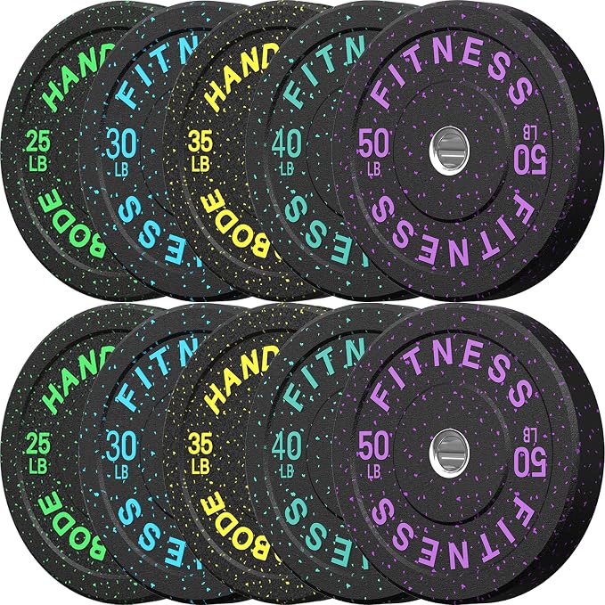HANDBODE 2-Inch High-Bounce Bumper Plates, Olympic Weight Set, 10-650 lb | Barbell Weight Plates Set for Home Gym, Colored Weights Rubber Strength Training Plate for Weight Lifting