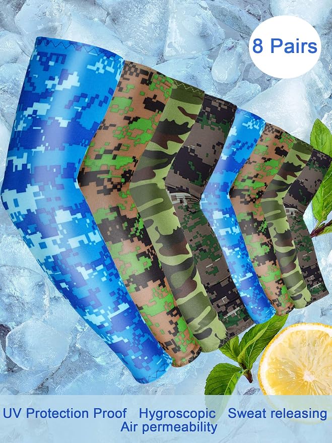 Mudder 8 Pairs UV Sun Protection Cooling Arm Sleeves for Men Women Youth Silk Compression Arm Cover Breathable Outdoors Sport